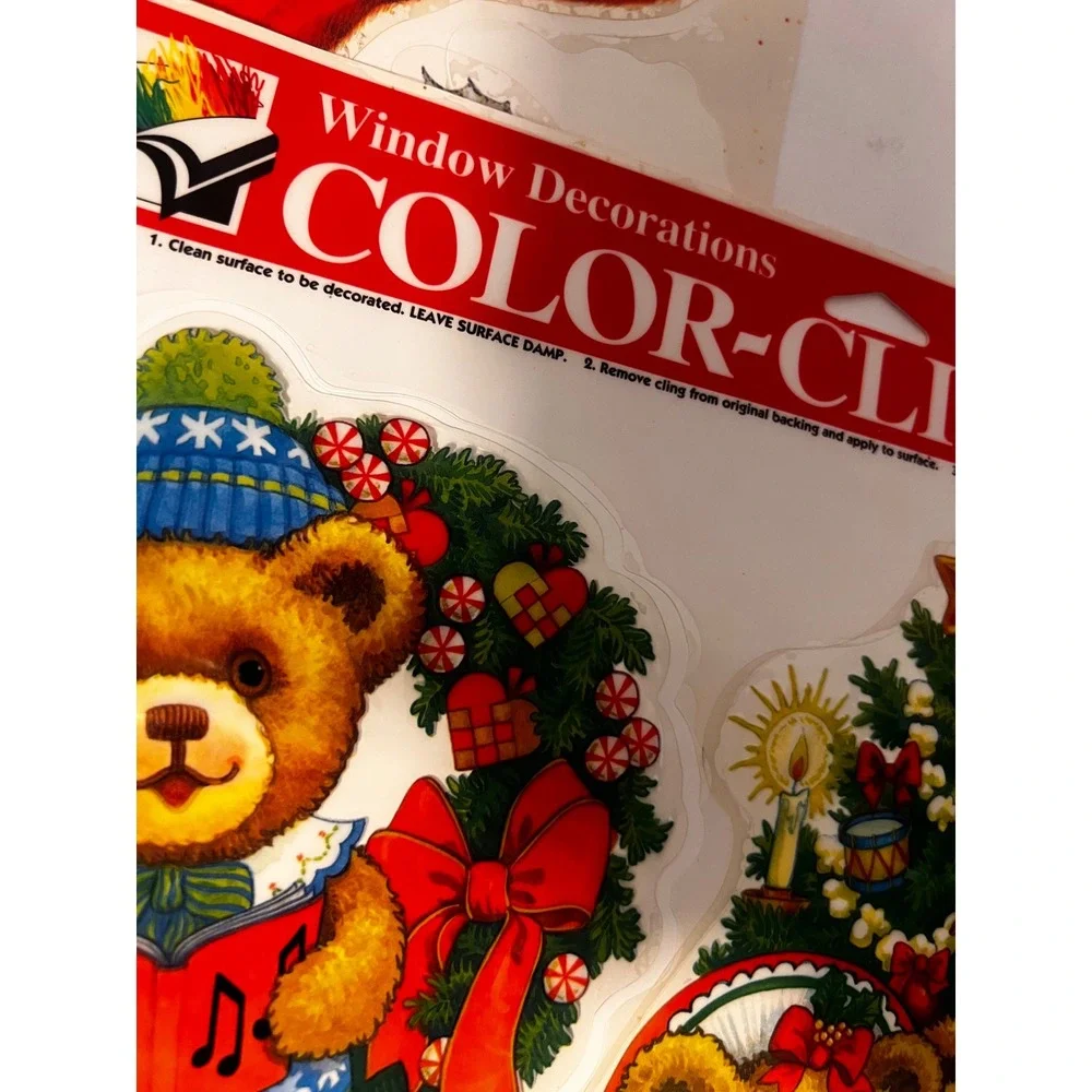 Vintage 1996 Color-Clings Christmas Window Clings Santa Nativity Bears Lot of 5